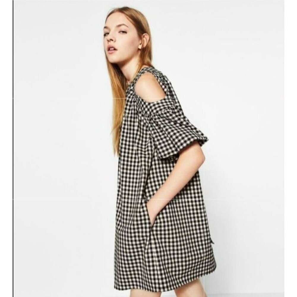 Zara Black White Gingham Baby Doll Dress Cold Shoulder Tie Back XSmall
